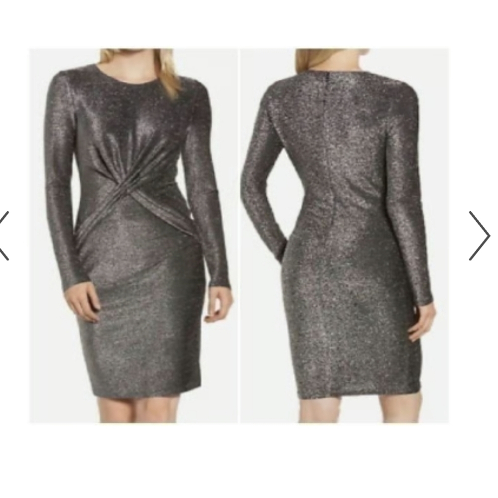 Michael Kors Silver glittery long sleeve high neck cross front mini sheath dress